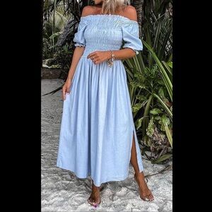 Blue Puff Sleeve Off-Shoulder Midi Sundress